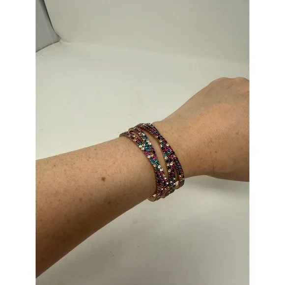 Multicolor Rhinestone 4 Row Gold Tone Statement Cuff Bracelet Boho Glam - Picture 5 of 7